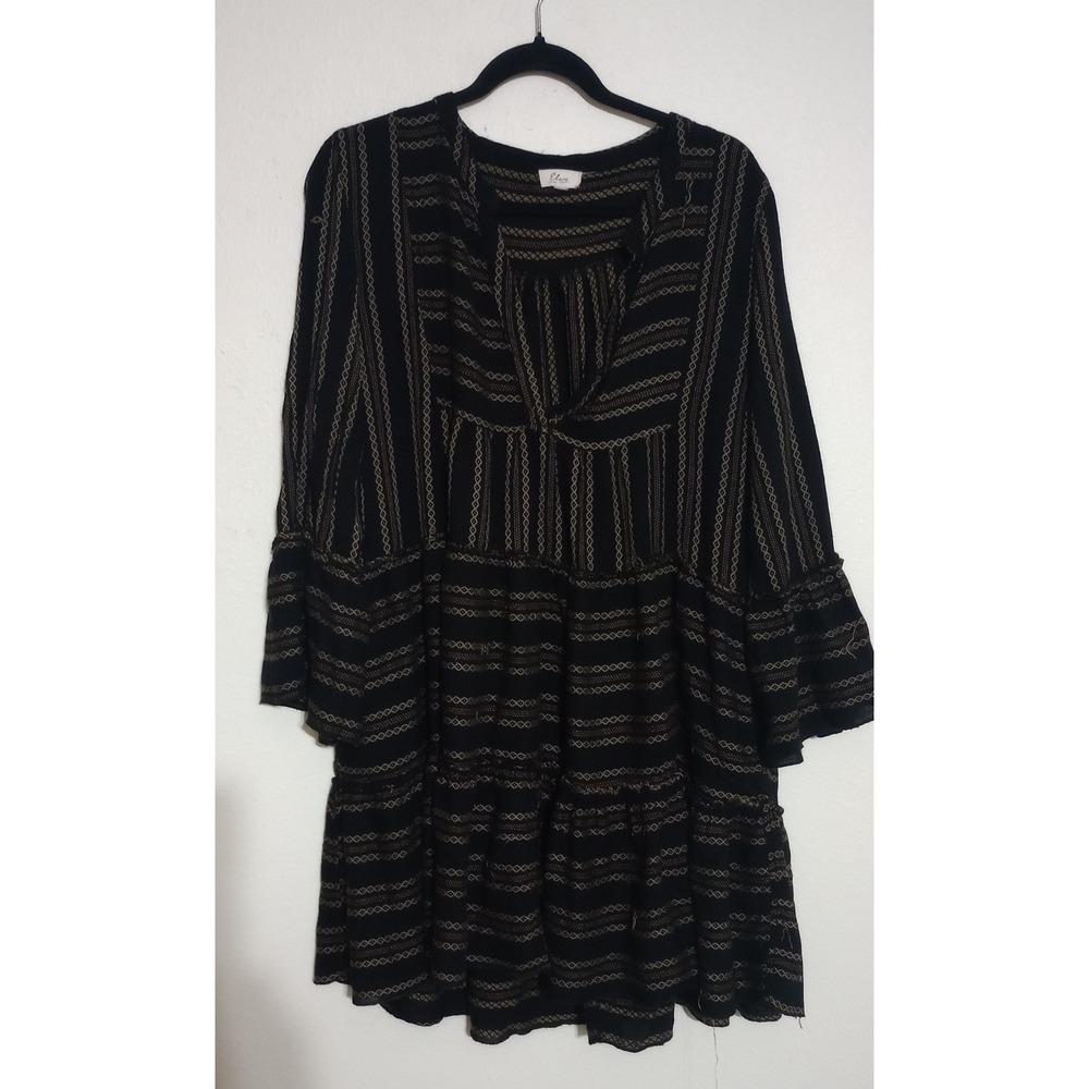 Elan Black Gold Striped Tiered Mini Dress V-Neck Bell Sleeve Boho Rayon XL